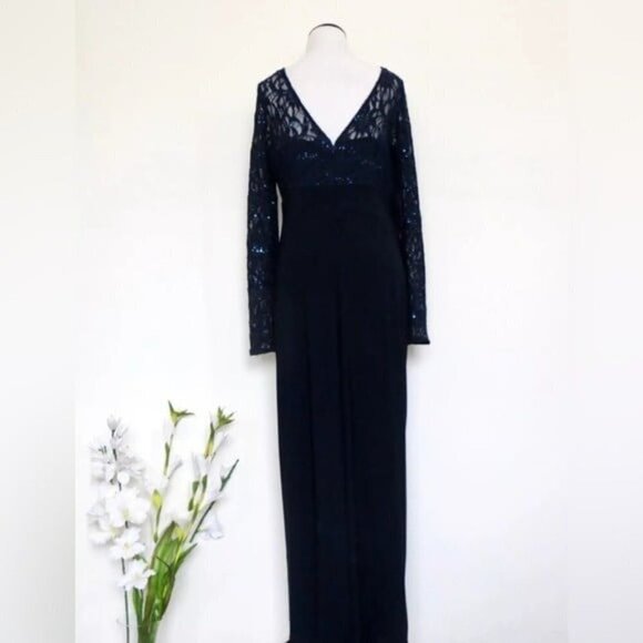 Lauren Ralph Lauren Evening Sequin Lace Maxi Dress Gown Navy Blue SZ 10 - Picture 4 of 7